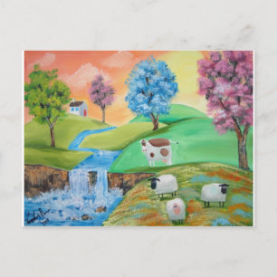 COLORFUL SHEEP COWS FOLK PAINTING POSTCARD