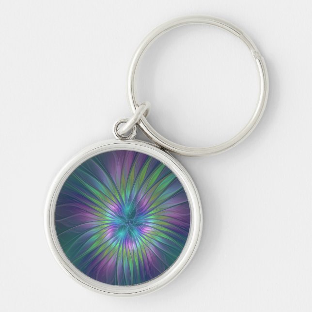 Colorful Shiny Fantasy Flower Abstract Fractal Art Key Ring (Front)
