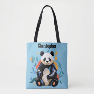Colorful Sitting Panda Bear Personalized Name Blue Tote Bag