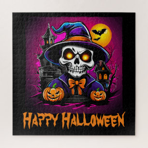 Colorful Skeleton Halloween Cartoon Pumpkin Jigsaw Puzzle