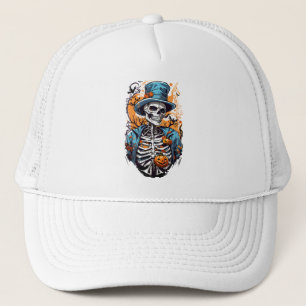 Colorful skeleton with halloween pumpkin trucker hat