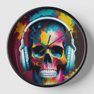 Colorful Skull with Headphones Design Clock
