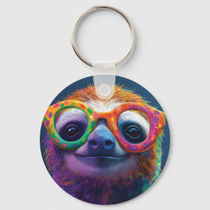 Colorful Sloth Fun Illustration with Glasses Key Ring