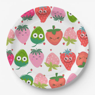 Colorful smiling strawberries Pink Green Birthday Paper Plate