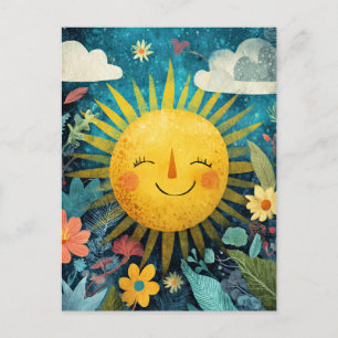 Colorful Smiling Sun Over Pretty Flowers Postcard