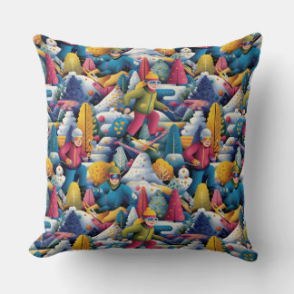 Colorful Snow Skiers Collage Cushion