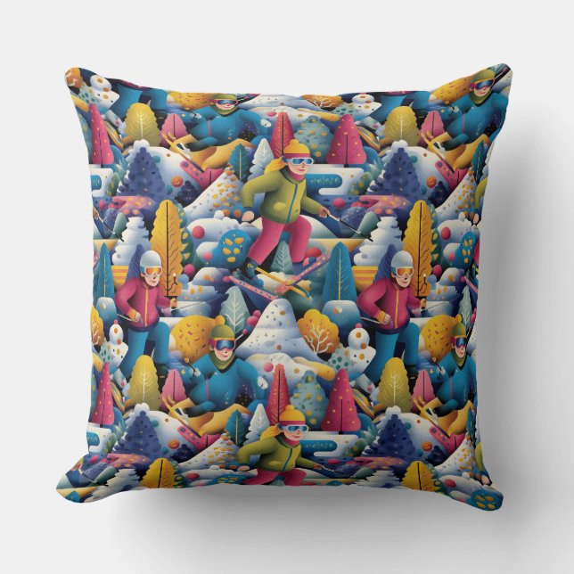 Colorful Snow Skiers Collage Cushion (Front)