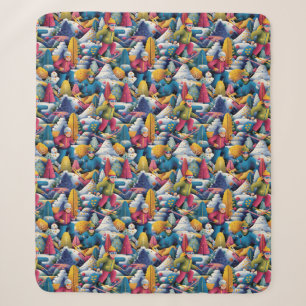 Colorful Snow Skiers Collage Sherpa Blanket