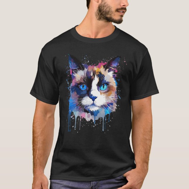 Colorful Snowshoe Cat Face Splash Art T-Shirt (Front)