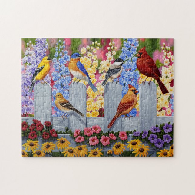 Colorful Songbirds in Spring Flower Garden Jigsaw Puzzle (Horizontal)