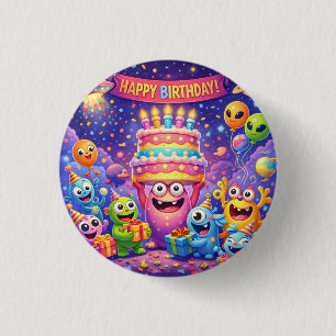 Colorful Space Monster Birthday Party with UFO 3 Cm Round Badge