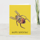 Colorful Spider birthday arachnid art Card<br><div class="desc">Colorful and bright, this is a hand drawn illustration of a doodle designed spider birthday card by artist Sacha Grossel. This bright and hip arachnid is arty and tribal and kind of cute. It is on a mustard yellow background. The background and birthday greeting inside can be customized to your...</div>