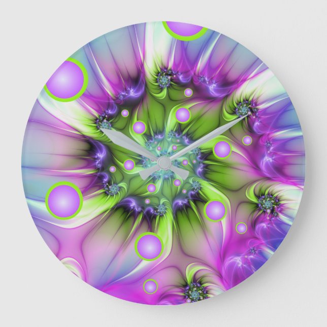Colorful Spiral Round Shapes Abstract Fractal Art Large Clock (Front)