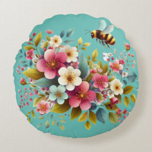 Colorful, Spring/Floral bee Round Cushion