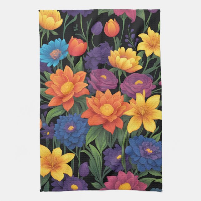 Colorful spring floral design tea towel (Vertical)