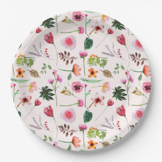 Colorful spring flowers watercolor pattern paper plate