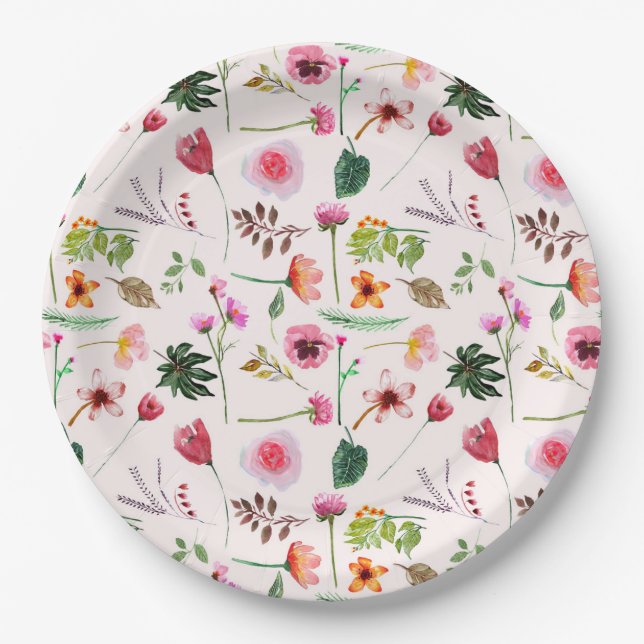 Colorful spring flowers watercolor pattern paper plate (Front)