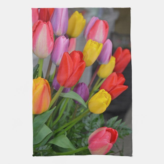 Colorful spring tulips tea towel (Vertical)