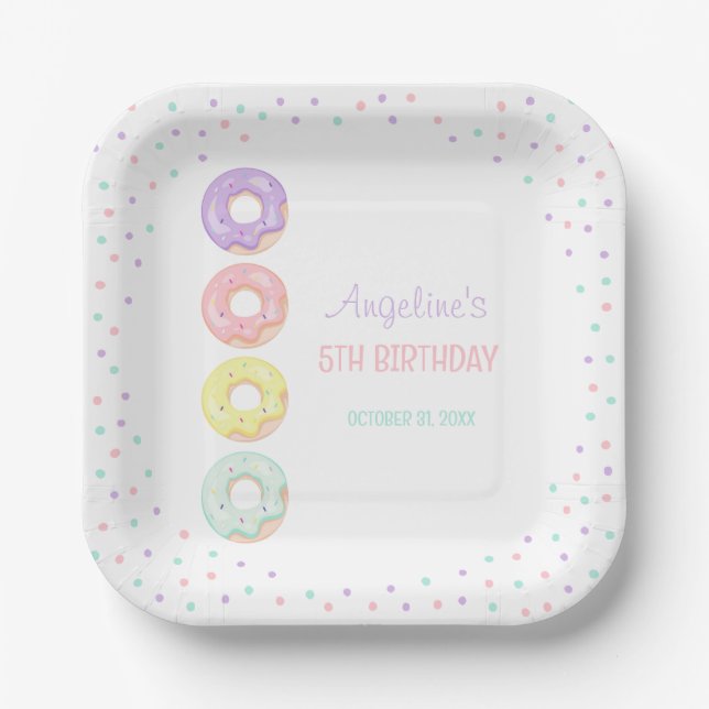 Colorful Sprinkle Sweet Donuts Kids Birthday Paper Plate (Front)
