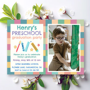 Colorful Squares Photo Preschool Graduation Invitation