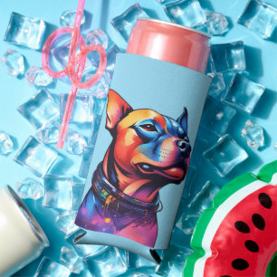 Colorful Staffy Bull Terrier Cyberpunk Design, Seltzer Can Cooler