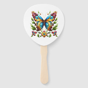 Colorful stained glass butterfly with flowers hand fan