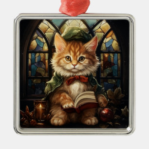 COLORFUL STAINED GLASS ORANGE TABBY KITTEN METAL TREE DECORATION
