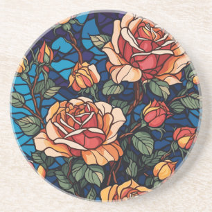 Colorful Stained Glass Roses Botanical  Coaster
