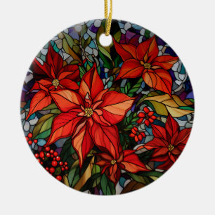 Colorful Stained Glass Style Poinsettias & Holly Ceramic Tree Decoration