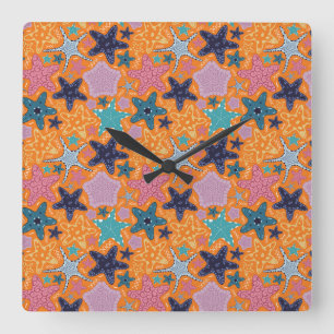 Colorful Starfishes with orange color background. Square Wall Clock