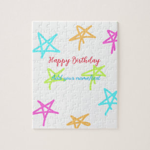 Colorful stars happy birthday add name text simple jigsaw puzzle