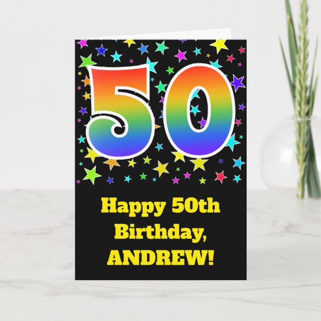 Colorful Stars + Rainbow Pattern "50" Birthday # Card (Front)