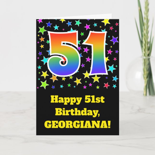 Colorful Stars + Rainbow Pattern "51" Birthday # Card (Front)