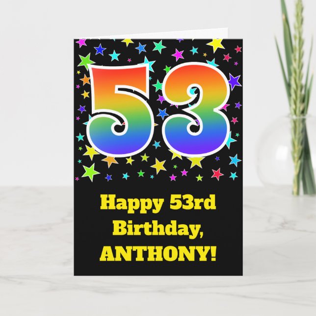 Colorful Stars + Rainbow Pattern "53" Birthday # Card (Front)
