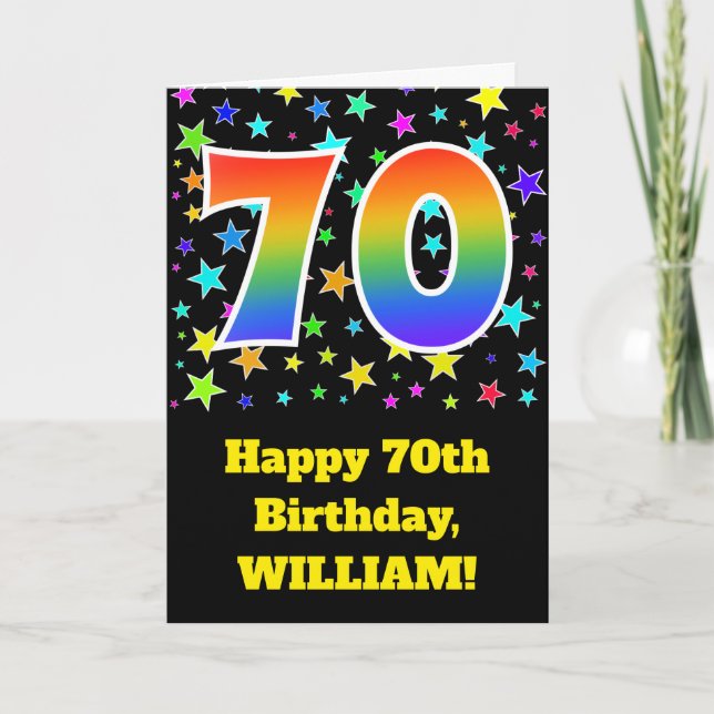 Colorful Stars + Rainbow Pattern "70" Birthday # Card (Front)