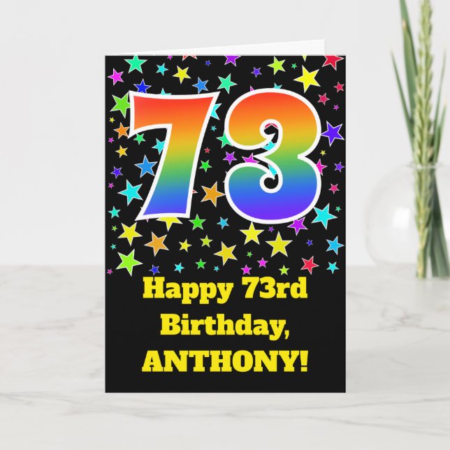 Colorful Stars + Rainbow Pattern "73" Birthday # Card (Front)