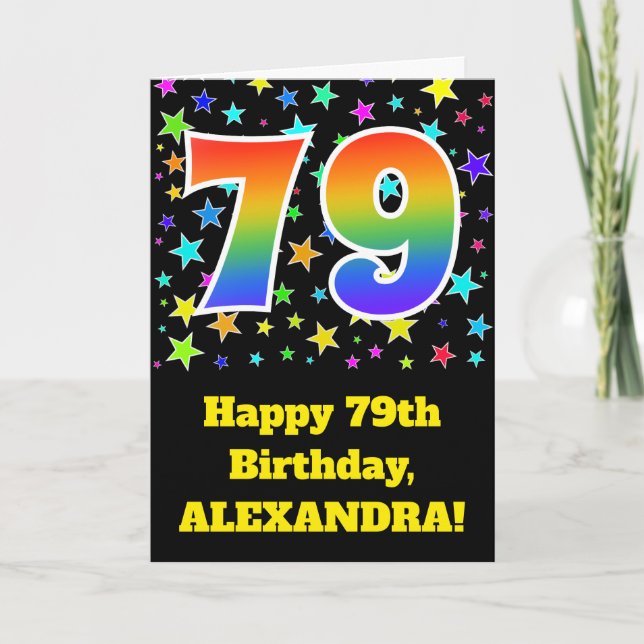 Colorful Stars + Rainbow Pattern "79" Birthday # Card (Front)