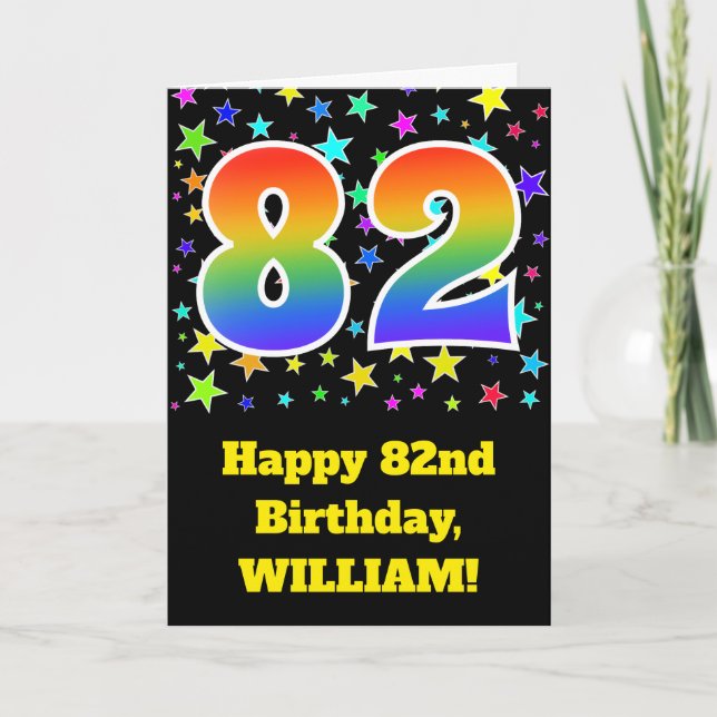Colorful Stars + Rainbow Pattern "82" Birthday # Card (Front)