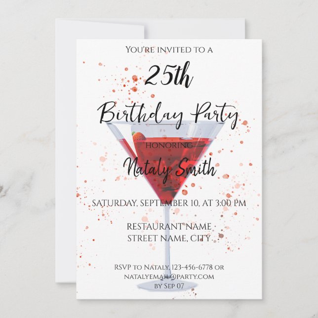 Colorful strawberry martini cocktail invitation (Front)