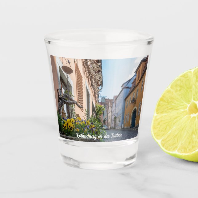 Colorful street in Rothenburg ob der Tauber Shot Glass (Front)