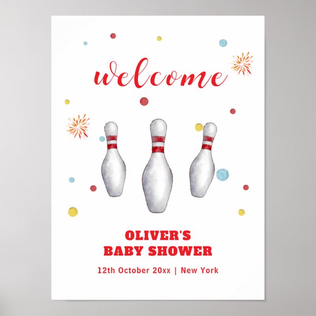 Colorful Strike Up Bowling Baby Shower Welcome Poster (Front)