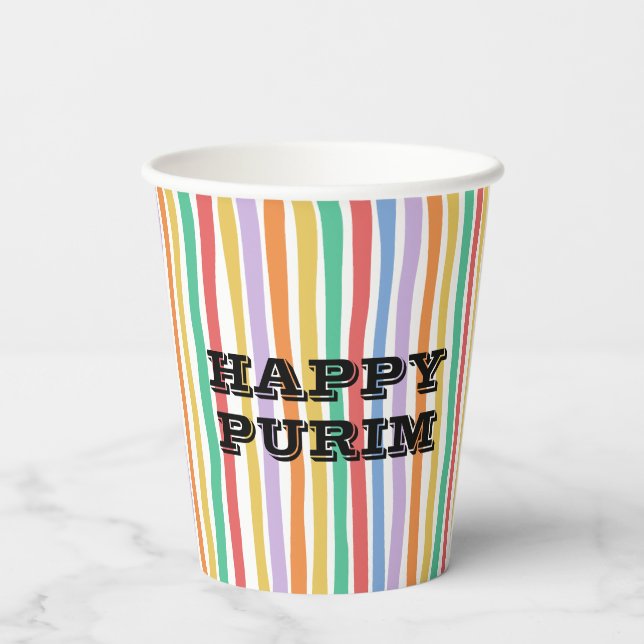 Colorful Stripe Happy Purim Paper Cups (Back)