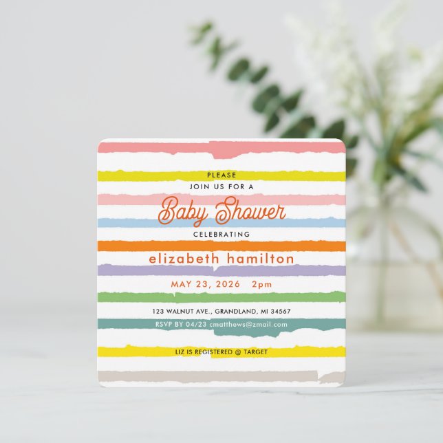 Colorful Stripes Baby Shower Invitation (Standing Front)