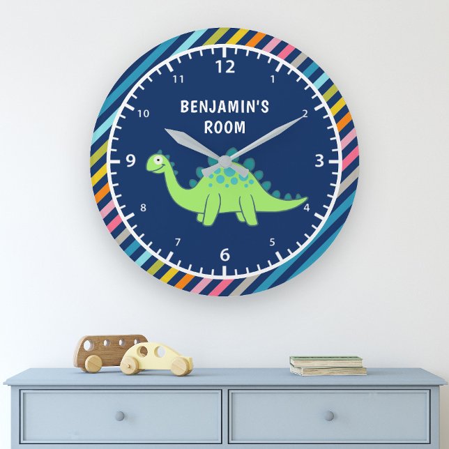 Colorful Stripes Cute Green Dinosaur Kids Room Large Clock (Creator Uploaded)