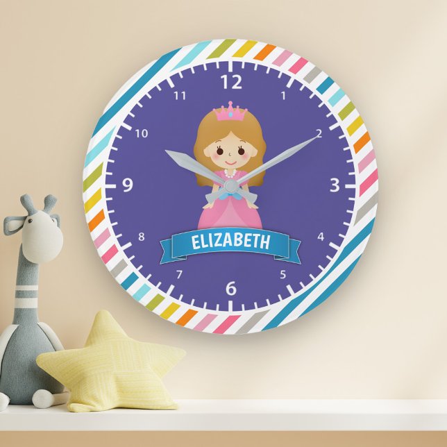Colorful Stripes Cute Princess Kids Girls Bedroom Large Clock (Creator Uploaded)