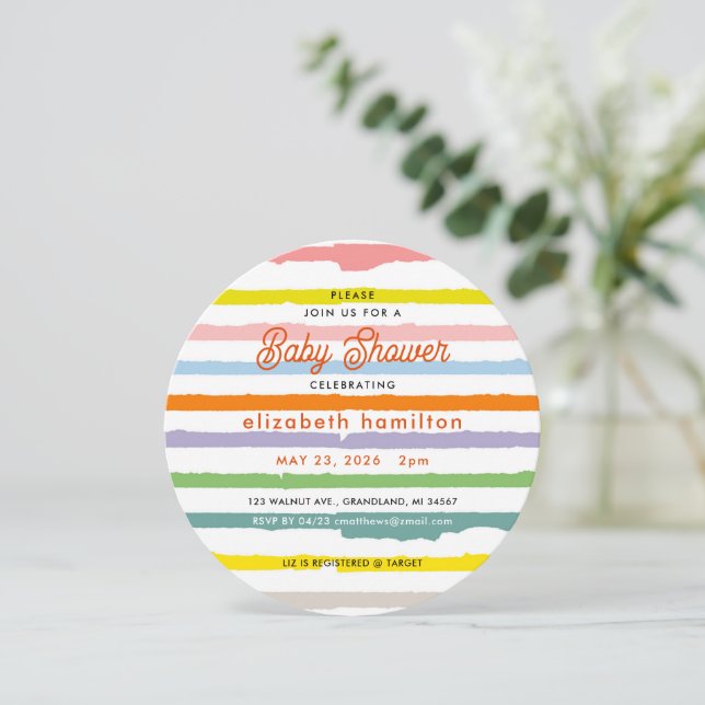 Colorful Stripes Round Baby Shower Invitation (Standing Front)