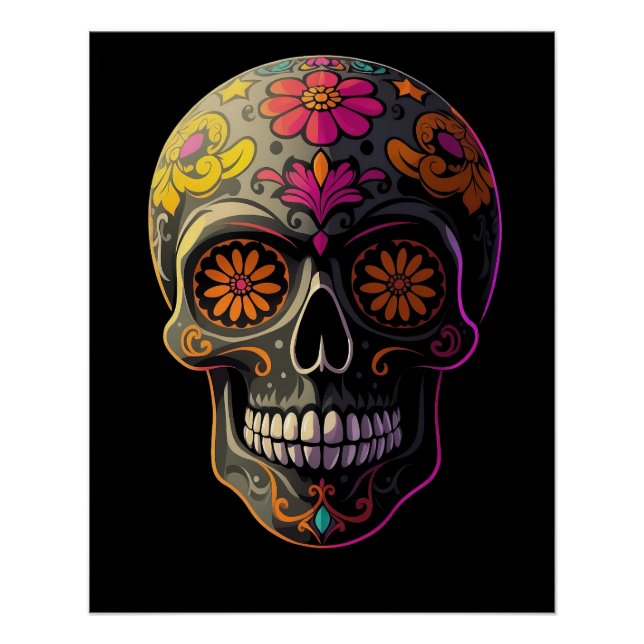 Colorful Sugar Skull Floral Art  Poster (Front)