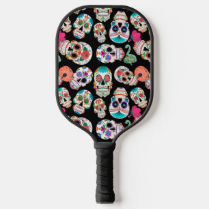 Colorful Sugar Skulls Pattern Monogram Pickleball Paddle