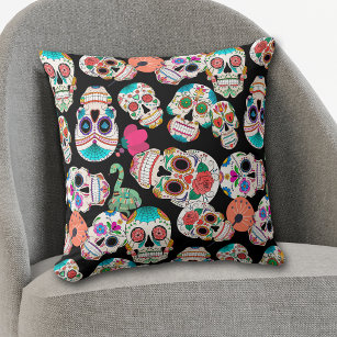 Colorful Sugar Skulls Pattern on Black Cushion