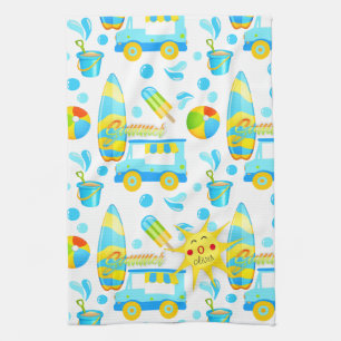 Colorful Summer and Beach Fun Monogrammed Pattern Tea Towel